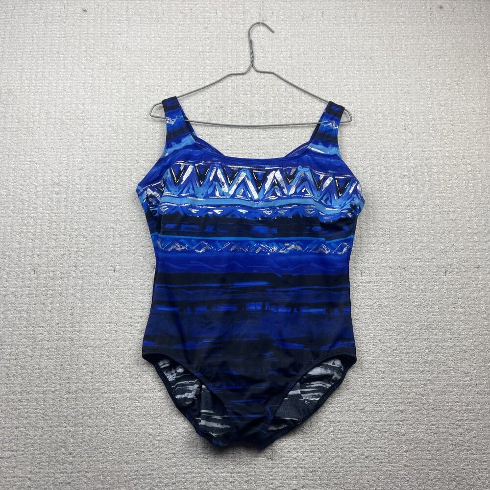 St Johns Bay One Piece Swimsuit Size 16 Retro 80' Abstract Geometric AOP Blue